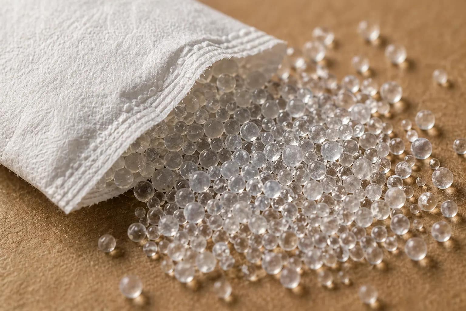 Silica gel beads spilling from a desiccant sachet