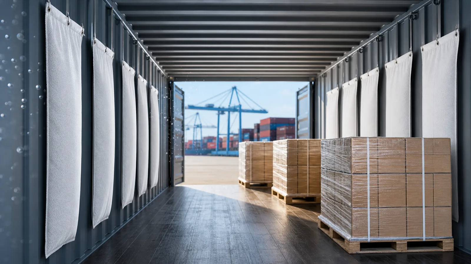 Container desiccant strips for ocean freight moisture protection Container desiccant strips hanging inside an export shipping container with palletized cargo