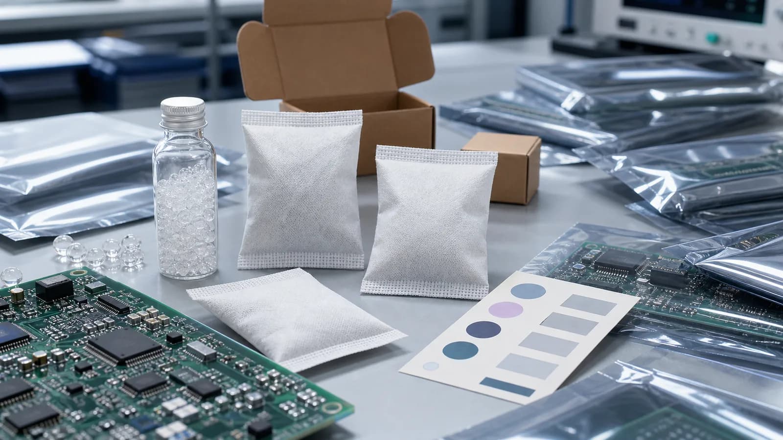 Electronics packaging silica gel use case Electronics packaging protected with silica gel desiccant in packaging