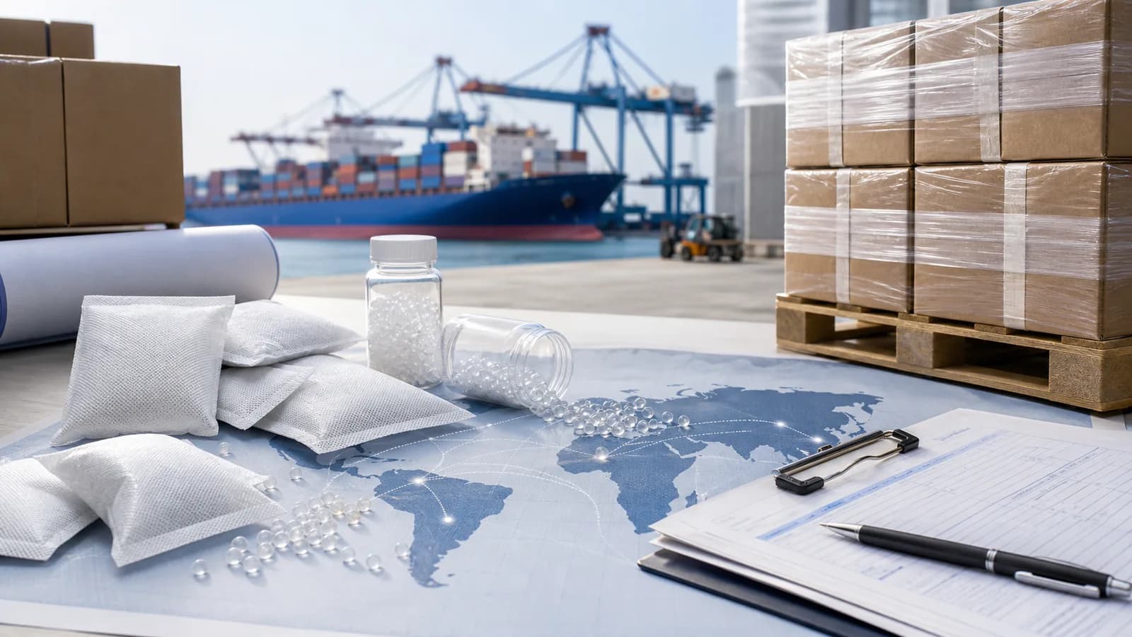 Global export logistics for silica gel desiccant supply Global silica gel export logistics desk with desiccant sachets, documents, pallets, and port cargo