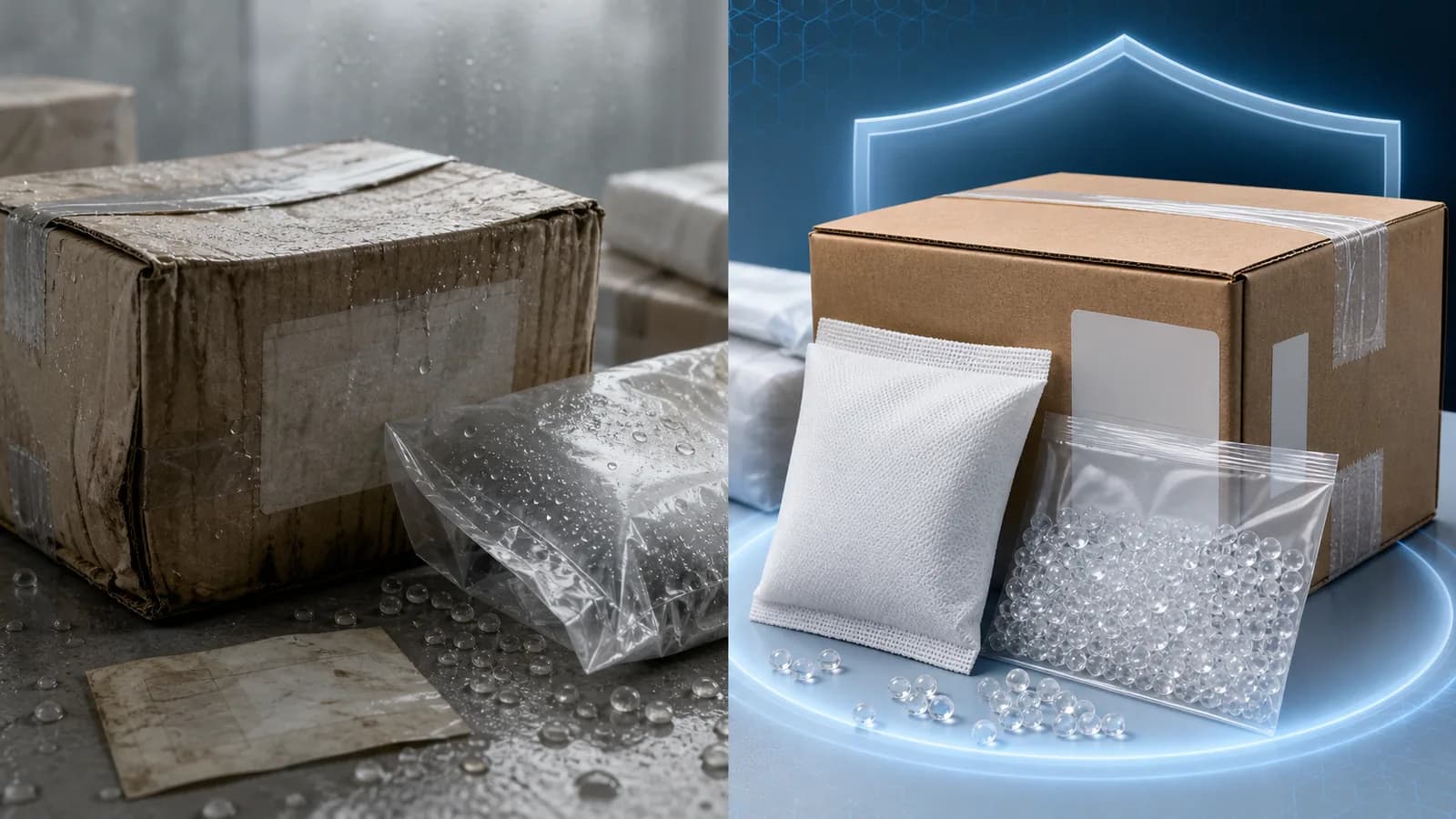 Moisture damage versus desiccant protection comparison Moisture damaged packaging compared with clean desiccant protected export cartons