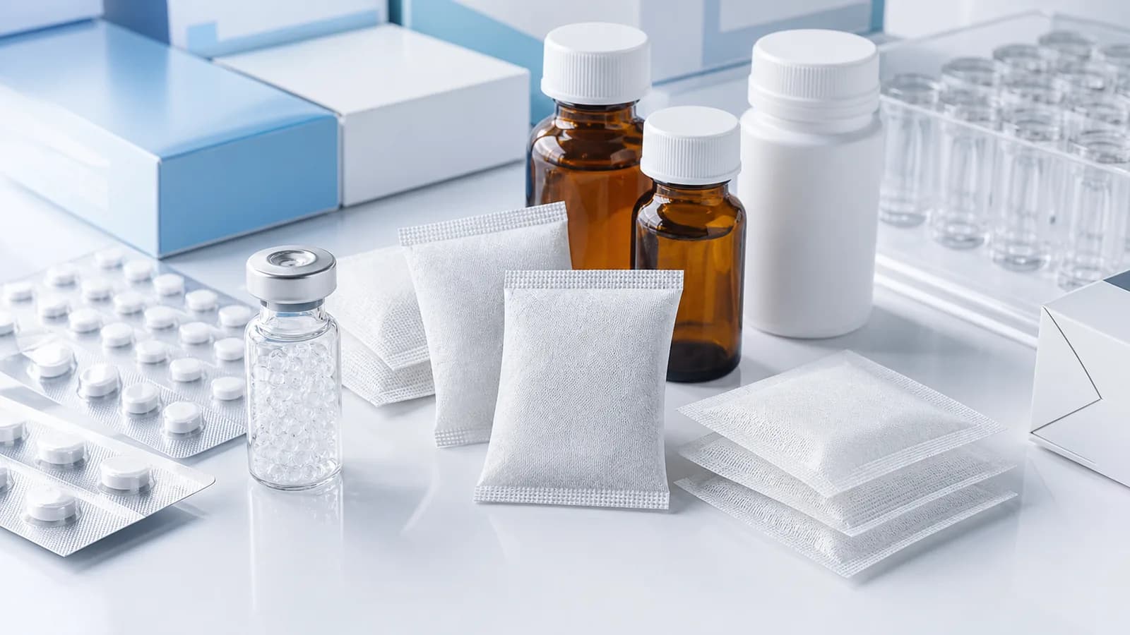 Pharma packaging silica gel desiccant visual Silica gel desiccant sachets with pharmaceutical bottles and clean lab packaging