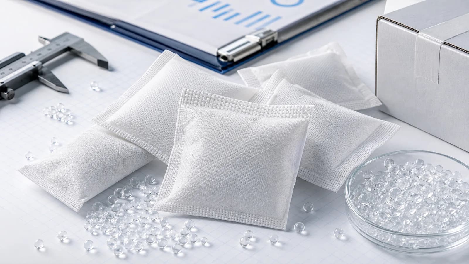 Silica gel desiccant sachets for export packaging White silica gel desiccant sachets with clear beads on an export procurement desk
