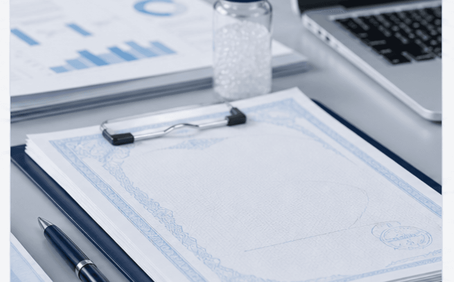 Export documentation desk with silica gel sample and compliance papers