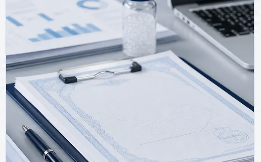 Export documentation desk with silica gel sample and compliance papers