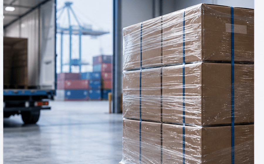 Wrapped export cartons on a pallet ready for shipment